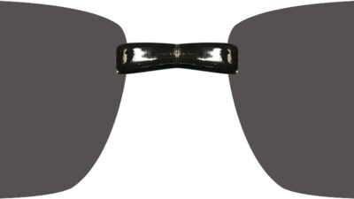 Digital rendering of clip on sunglasses, magnetic bridge with grey lenses
