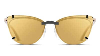 Clip-on sunglasses for Amelia E. Bridgette with a Magnetic bridge and Gold Mirror | Brown Base | Polarized | 11% Light Transmission lenses