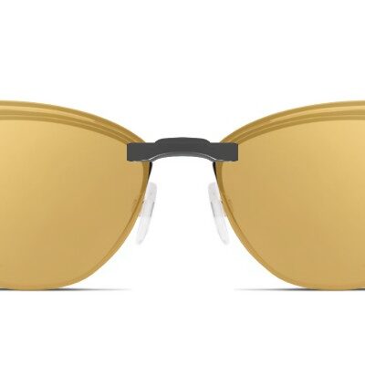Clip-on sunglasses for Amelia E. Bridgette with a Magnetic bridge and Gold Mirror | Brown Base | Polarized | 11% Light Transmission lenses