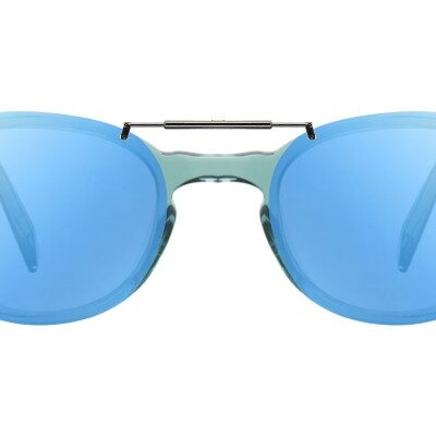 Clip-on sunglasses for Warby Parker Anselm with a Spring bridge and Blue Mirror | Gray Base | Polarized | 13% Light Transmission lenses