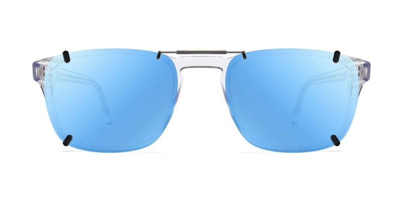 3DClips™ - Custom Clip On Sunglasses For Warby Parker Bensen 2 Clip-on sunglasses for Warby Parker Bensen with a Spring bridge and Blue Mirror | Gray Base | Polarized | 13% Light Transmission lenses